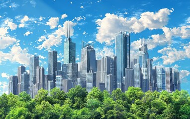 Obraz premium A digital art rendering of an urban skyline with skyscrapers and trees, it's a city management for sustainable development