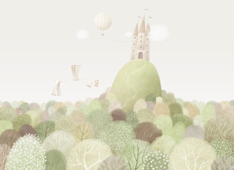 Children's painted colored wallpaper. Color illustration of forest, castle on hill, hot air balloon. Green color scheme, vintage style. Design for a children's room, poster, postcard. © bukhavets