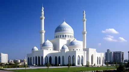 Fototapeta premium Majestic White Mosque with Blue Domes and Minarets in Sunny Cityscape : Generative AI