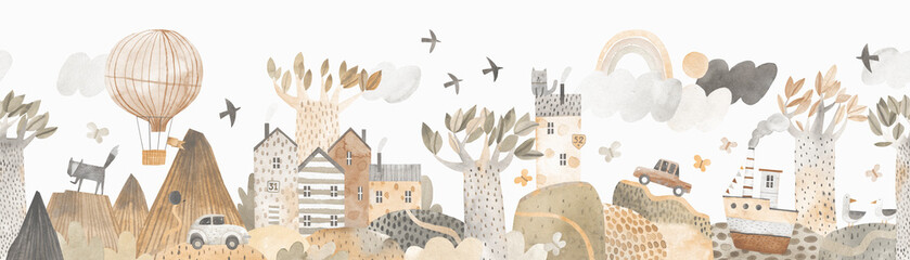 Cute landscape, hills, trail, mountains, lake and ship, clouds and ballon, cars. Watercolor illustration. Children's horizontal wallpaper. Landscape border. Seamless pattern.