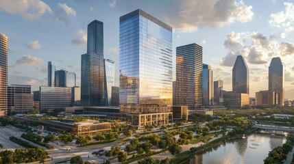 Fototapeta premium Photorealistic cityscape of a modern urban skyline featuring tall skyscrapers, sleek glass facades, and high-rise office buildings