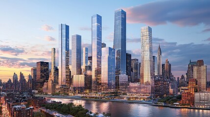 Obraz premium Photorealistic cityscape of a modern urban skyline featuring tall skyscrapers, sleek glass facades, and high-rise office buildings
