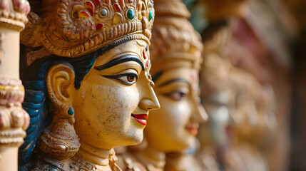 Fototapeta premium Colorful Hindu Deity Sculptures with Ornate Decorations in Indian Temple : Generative AI