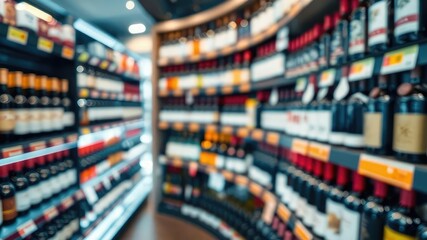 A tiered shelf with multiple levels of abstract blur wine bottles in a liquor store, vertical organization, beverage storage, tiered shelves