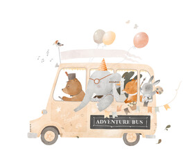 Animal friends are riding a bus. Big adventure. Decor for children's room, poster, postcard, drawing on a T-shirt. Watercolor illustration. Vintage style.