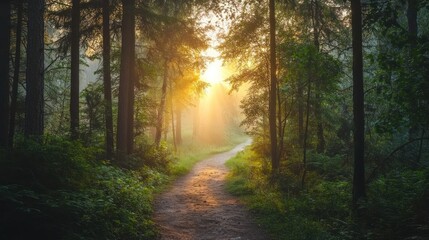 Naklejka premium Sunlit path through misty forest at dawn.