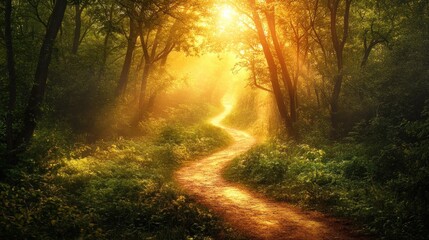 Fototapeta premium Sunlit path winding through a misty forest.