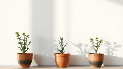 Fototapeta premium A trio of potted succulents stood out against the plain backdrop of an empty white wall as their shadows stretched and morphed with each movement, indoor garden, office decor, plant arrangement