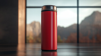 red   tea thermos set on a  floor  isolated on 3 d amazing gray  background