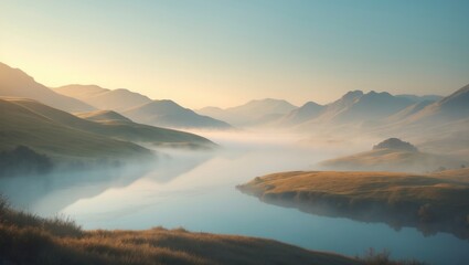 Obraz premium Fog over the mountain lake, morning