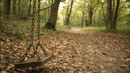 A vintage metal chain hanging loosely from a rusted stand on a forest floor amidst a carpet of leaves and twigs, rusty iron chain, rusty stand, tree roots, forest floor, fallen leaves