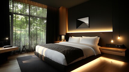 Modern bedroom with large windows showcasing greenery, featuring minimalist decor and ambient lighting