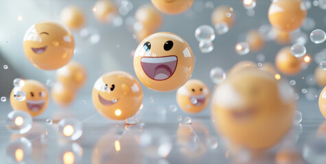 Different emojis shaped like balls bouncing around in a clean light grey 3d space
