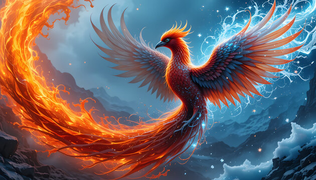 Fiery phoenix rising from flames and ice, wings spread wide.