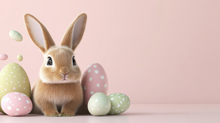 Adorable Bunny with Polka Dot Easter Eggs on Pastel Background

