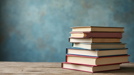 pile of books on a table, copy space