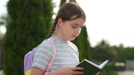 elementary school student, child goes to class holding book hand, educational program, girl schoolgirl kid child reading interesting story school book, historical facts, child kid carries book hand