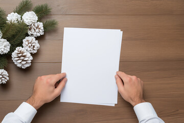 Obraz premium Hands holding blank papers next to decorative pinecones on wooden surface
