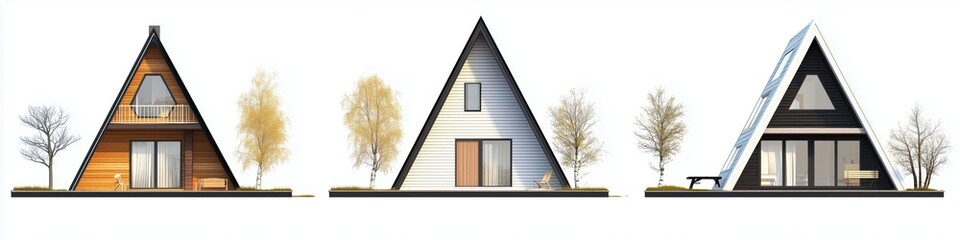 Obraz premium Three A-frame houses with different designs, featuring large windows and surrounded by trees.