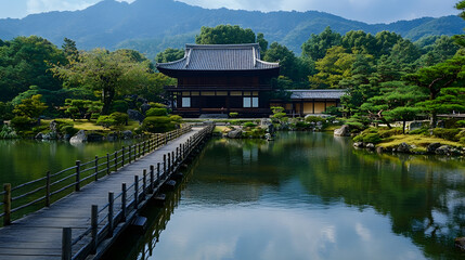 Fototapeta premium Serene Japanese Garden with Tranquil Pond and Traditional Wooden Temple : Generative AI