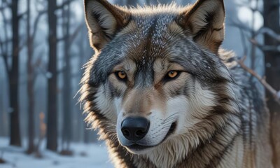 Obraz premium A wolf's snout with icy breath visible in the cold winter air, frozen landscape, wolf snout