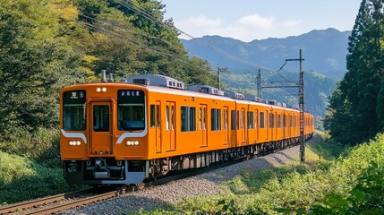 Fototapeta premium Orange Train on Scenic Mountain Railway in Japan