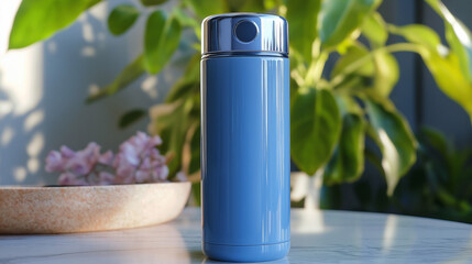 blue  tea thermos set on a table and green leaves next to it 