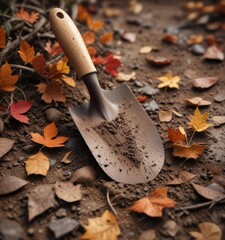 A wooden handle trowel partially buried in damp earth or mud with some dried leaves and twigs surrounding it, home improvement, woodwork