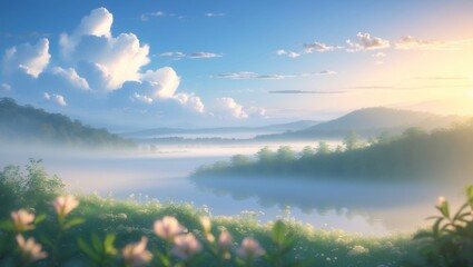 Fog over the mountain lake, morning