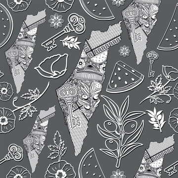 Palestine Map patterned with Decorative elements, with Palestinian Symbols assembled in Vector Seamless Textile Repeat Pattern

