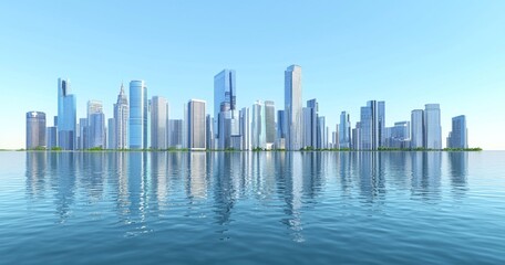 Fototapeta premium 3D rendering of modern city buildings on the water, with a clear blue sky background