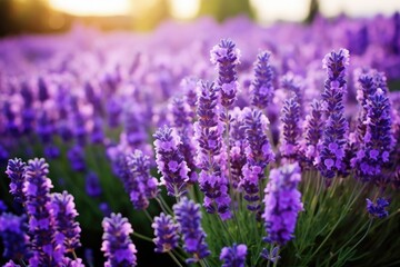 Naklejka premium Purple Lavandula Flowers in Summer Garden Field. Nature Plant with Rich Violet Colours in Beautifully Arranged Field of Flowers