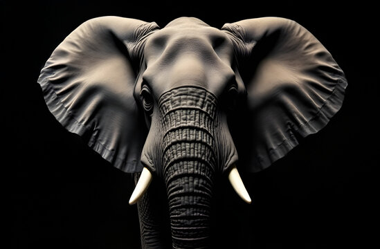 This artwork features a detailed closeup depiction of an elephants face, elegantly set against a deep black background that enhances its beauty - Powered by Adobe