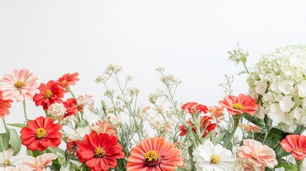 Obraz premium Vibrant coral and white flowers arranged against a white background.