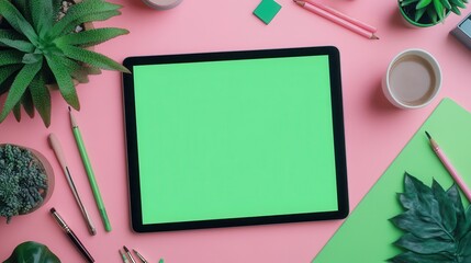 A flat lay of a workspace featuring a green tablet, plants, stationery, and a pink background, conveying a creative and organized aesthetic.