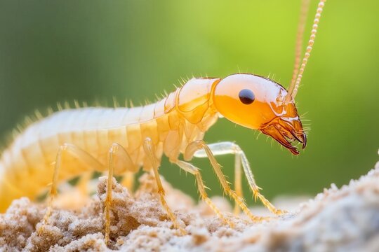 Termites crawling in nest: close-up of worker and soldier insects
