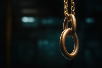 Close-up of golden metal links hanging in a dimly lit space showcasing craftsmanship