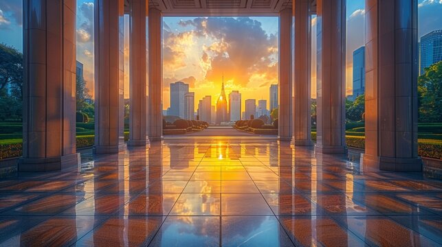 Metropolitan Plaza Featuring Iconic Landmarks. Symmetrical layout with soft morning light reflecting classical elegance, timeless charm, and metropolitan allure.