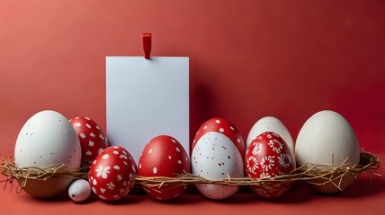 Easter banner with a blank sheet of paper and Easter red and white eggs on a bright red background.