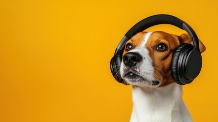 A playful dog wearing headphones against a bright yellow background, enjoying music.