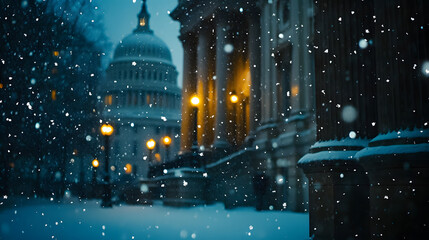 A photo of the US Capitol during a snowstorm, with snowflakes softly falling and the building partially obscured, during a serene winter day