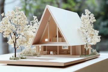 A detailed architectural model of a modern A-Frame house style with a triangular roof, surrounded by miniature trees with white flowers. The model showcases a spacious porch and large windows.