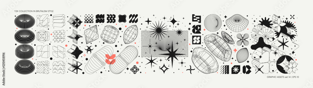 Poster Vector graphic assets set in acid style, retro futuristic background with wireframe elements of different forms, bold modern shapes for design template, poster, stickers, banner in Y2k style set 14