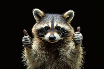 Raccoon giving thumbs up in a high-resolution ad style on black background