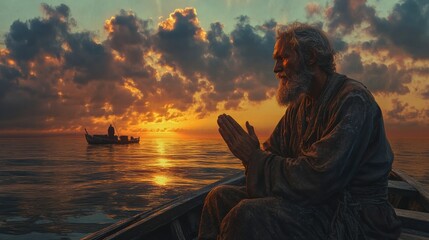 A fisherman praying on his boat at sunrise before heading out to sea, reflecting devotion