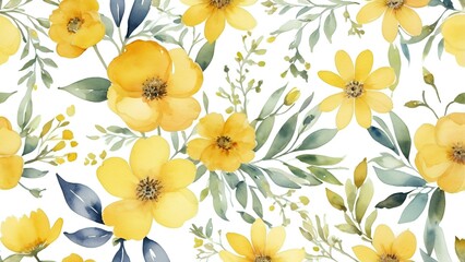 Seamless Yellow Floral and Green Leaves Pattern for Decorative and Textile Designs