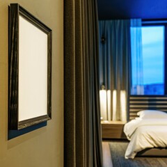 Cozy modern bedroom with framed artwork and soft lighting at dusk