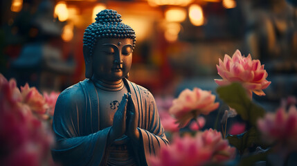 Buddhist Statue Surrounded by Blooming Flowers in a Peaceful Garden : Generative AI