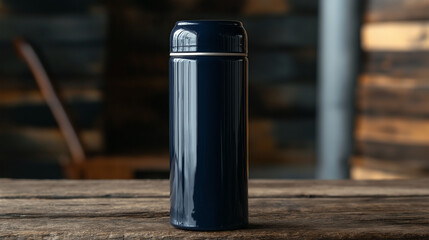 navy blue   tea thermos  set on a wooden table  isolated on beautiful  brown background