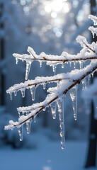 Obraz premium Icicles on a snowy branch during a warm spring morning with a sparkling atmosphere 